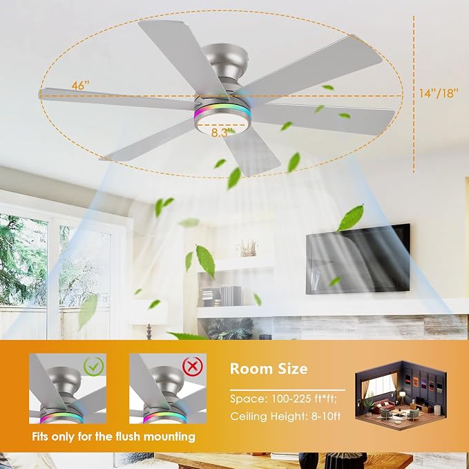46" 6-Blade Silver Low Profile RGB Ceiling Fan with Light and Remote/APP | 11 RGB Modes,Reversible 6 Wind Speeds,Dimmable 3 CCT LED, 25W Quiet DC Motor,Timer,6 Double-Sided Blades,for Kidsroom Party