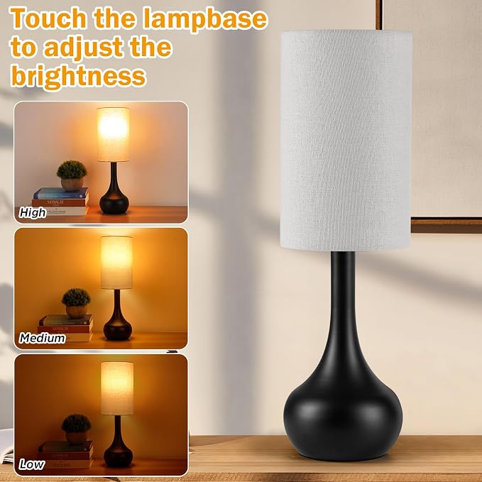 2 Pack Touch Bedside Lamp for Nightstand,3-Way Dimmable,Space Saving & No Assembly Required, Upgraded Small Droplet Vintage Black Table Lamp for Bedroom, Living Room (Bulb Included)