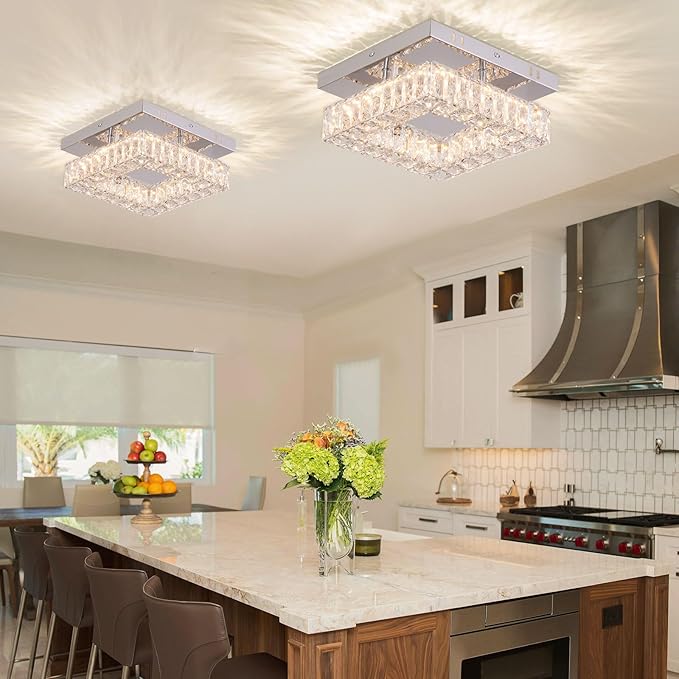 9.8" Modern Mini LED Chandelier Crystal Ceiling Light Flush Mount Ceiling Light for Hallway Foyer Kitchen Closet 3000 K Warm White
