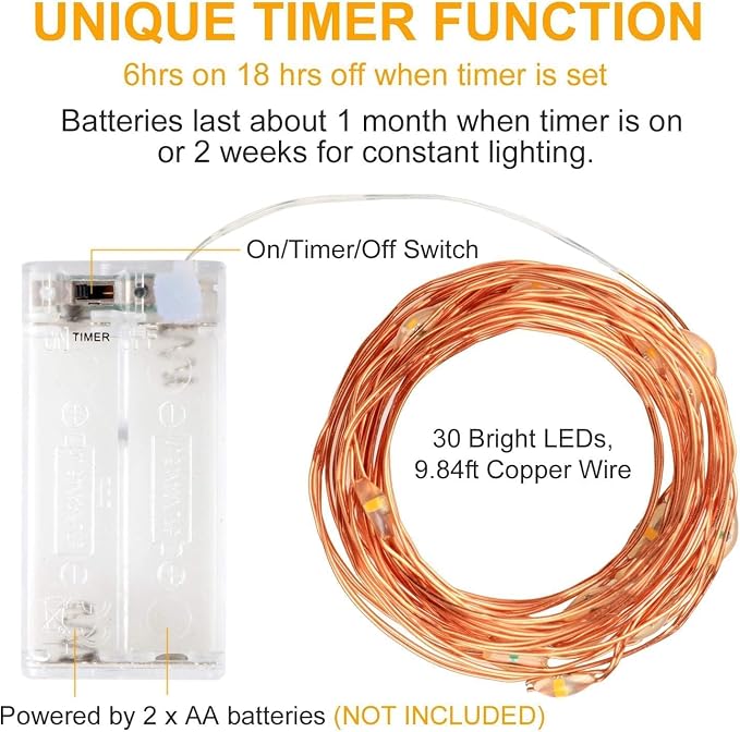 6 Pack LED Fairy String Lights Battery Operated with Timer | 10Ft 30LEDs Battery Powered Copper Wire Mini Firefly Twinkle Lights for Bedroom, Christmas, Wedding, Party Decoration