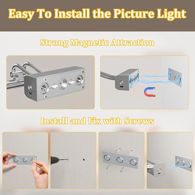Picture Light for Wall, Platinum Silver, Battery Operated, Remote Control | 4000mAh Cordless,Wall Light, Magnetic for Easy to Charge,Timers, Display for Gallery Living Room Bedroom