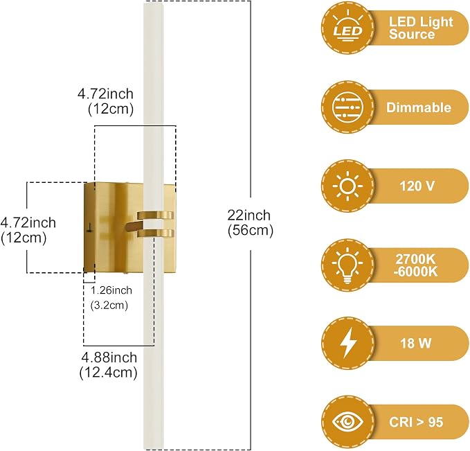Gold Bathroom Light Fixture LED Vanity Light 22" Wall Sconce | 5CCT Dimmable Wall Light, Modern 360° Lighting, 18W Hardwired Vanity Light for Bathroom, Flicker-Free