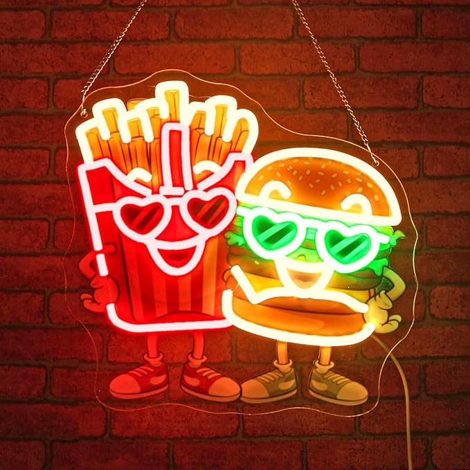 Burgers Neon sign - JGHTURIE Hamburger and French Fries Neon Signs for Wall Decor LED Light up UV Printed Preparatory Home Restaurant Club Decoration USB Powered