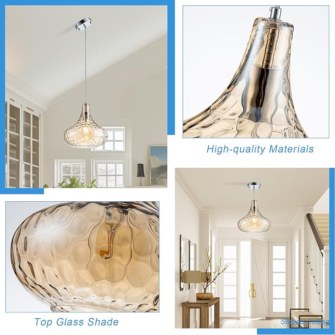 11 Inch Amber Hammered Glass Pendant Light Brushed Nickel Ceiling Lamp | Adjustable height, standard E26 bulb, versatile decor fixture for dining area, kitchen island living room & entry hallway