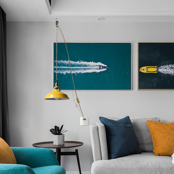 YUBOLE Nordic Plug in Hanging Pendant Light with Yellow Metal Barn Shade | 10.6"W Barn Shade, E26 Hanging Swag Light Fixture with Switch for Kitchen Bedroom Foyer Dining Bar Reataurant Cafe Loft