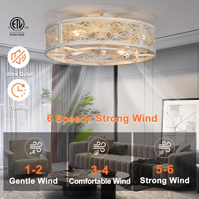 SHLUCE 20" Low Profile Caged Ceiling Fan with Light, Small Fandelier Ceiling Fans with Lights and Remote, Rustic Flush Mount Bladeless Ceiling Fan with Light for Bedroom, Living Room, White