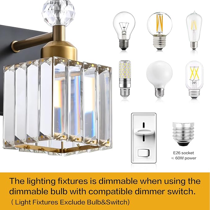 PRESDE 3-Light Crystal Bathroom Vanity Lights Black and Gold Bathroom Lights Fixtures Over Mirror Modern Bath wall Lighting