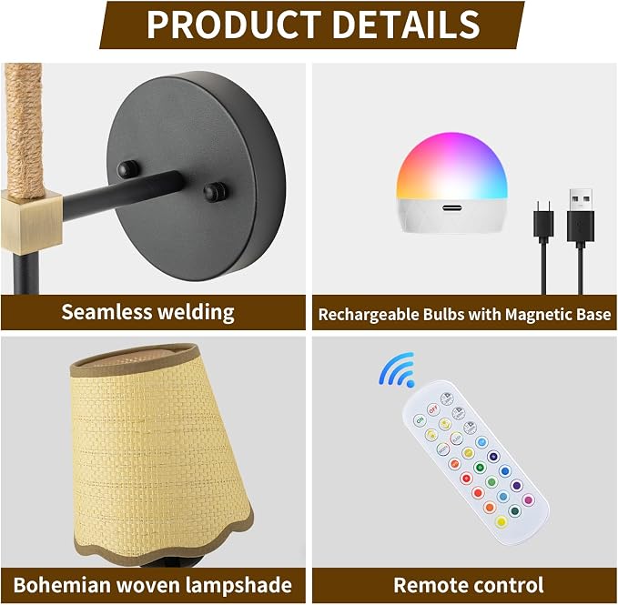 Boho Battery Operated Wall Sconce Set of 2, Black Gold Wireless Rechargeable Wall Lights with Rattan Shade, 12 RGB and 3CCT Dimmable Cordless Wall Lamps with Remote for Bedroom Living Room