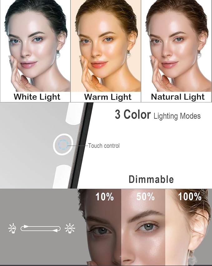 Rechargeable Travel Makeup Mirror with Lights, Portable Lighted Vanity 10X Magnification, 70 LEDs 3 Color Dimmable Touch Screen, Tabletop Folding Compact Cosmetic (ShiningBlack)
