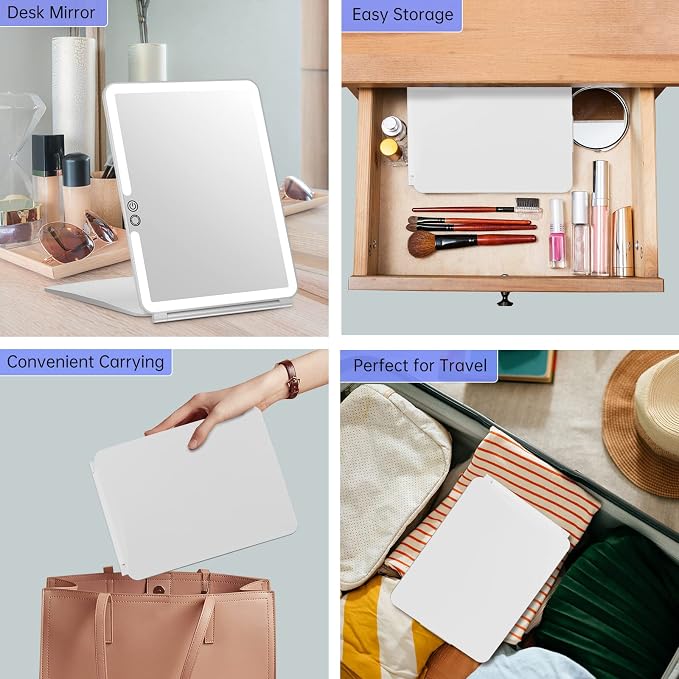 FUNTOUCH 2500mAh Rechargeable Large Travel Makeup Mirror with Lights | 10x7.5 Portable Lighted Makeup Mirror with 3 Color Lights, Dimming Folding Light Up Travel Mirrors with 10X Magnifying Mirror