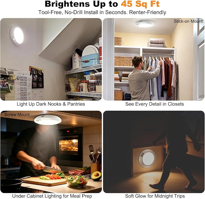 LED Motion Sensor Light Indoor, Battery Operated Ceiling Light | Wireless, Stick-on Under Cabinet Closet Light No Wiring, 210LM 6000K Daylight, for Hallway Shed Pantry, 2-Pack