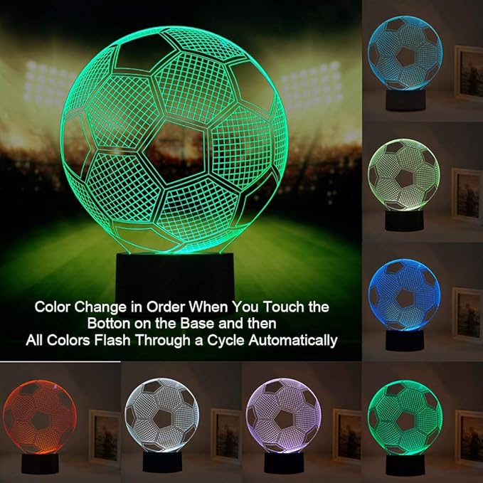 Wiscky Soccer Night Lights for Kids 3D Illusion Football Lights Lamp 7 LED Colors Changing Touch Table Desk Lamps Decorative Lighting Cool Toys Gifts Birthday Holiday Xmas Gifts Sports Theme Fans