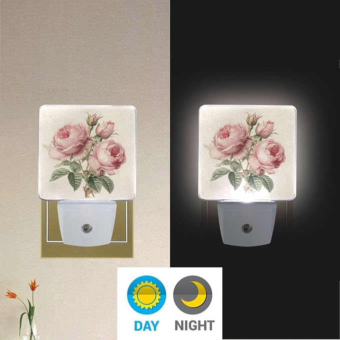 Pink Roses Vintage Night Light Dusk to Dawn Sensor LED Night Dimmable Nightlight Lights Plug into Wall for Living Room