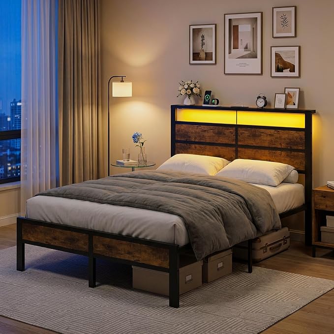 Full Size Metal Bed Frame with Storage Headboard, LED Lights | USB Charging Station , Brown Metal Platform Bed, Sturdy Slats, No Box Spring Needed, Easy Assembly, Noise Free