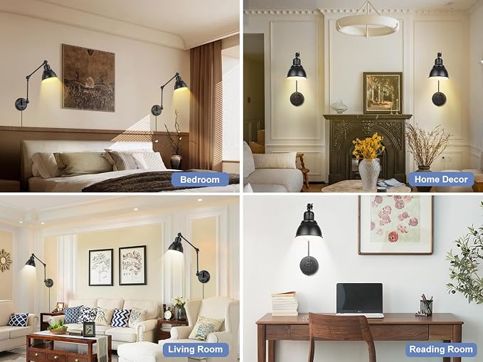 GOODATE 2 Pack Plug in Wall Sconces, Dimmable On Off Switch, Swing Arm Wall Lamps, Wall Sconces Set of Two, Black Metal Industrial, Plug-in or Hardwired (Black, Without Bulbs+Remote)