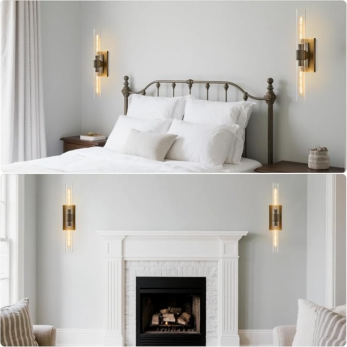 Linear Brass Bathroom Wall Sconce: Set of 2 Antique Modern Vanity Lights | Luxury Dimmable Brushed Gold Sconces, Clear Glass Tube Minimalist Light Fixture for Bedroom Living Room Hallway Indoor Decor