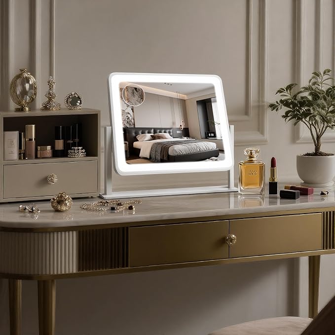 Rechargeable Vanity Mirror with Lights, 3000mAH Battery, 14"×12" LED Makeup Mirror, 10X Magnification, Smart Touch with 3-Color Lighting, 360° Rotation, Lighted Up for Makeup Desk, Bedroom (White)