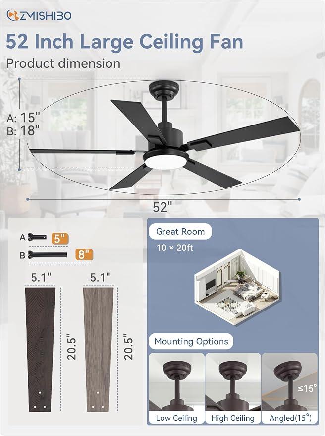 ZMISHIBO 52" Ceiling Fans with Lights for Bedroom, Living Room, Remote | High CFM Powerful Airflow, Quiet DC Motor, 3 CCT LED, Indoor/Covered Outdoor, Dual-Finish, Damp Rated, Black