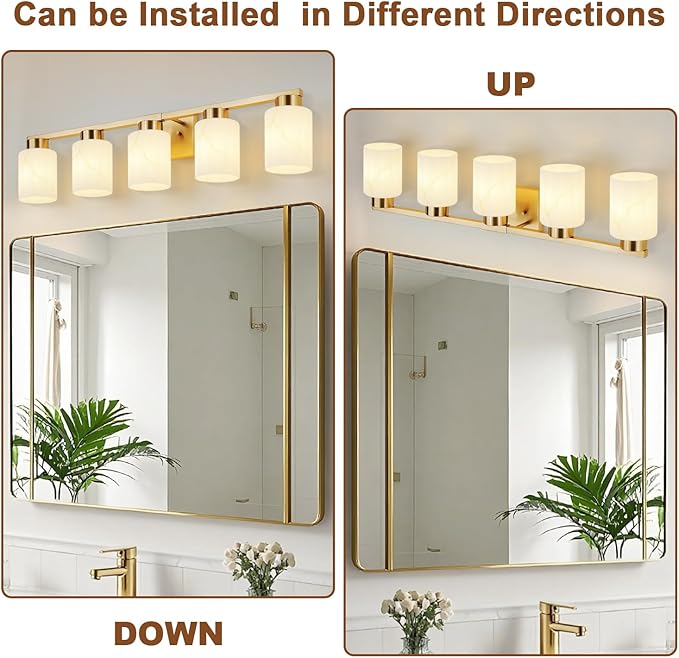 5-Light Bathroom Light Fixtures, Modern Vanity Lights, Gold Metal Wall Lamp with White Marble Glass for Bathroom, Mirror, Living Room, Bedroom, Cabinet, Porch, Hallway, E26 Base