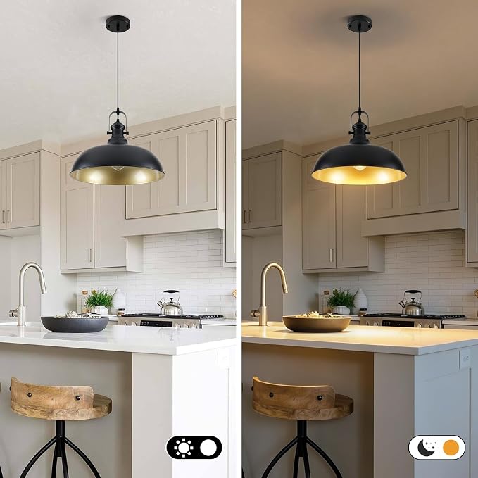2 Pack 15.7" Matte Black Barn Pendant Lights, Adjustable Cord Industrial Dome Metal Hanging Light Fixtures with Gold Interior, E26 Farmhouse Pendant Lighting for Kitchen Island Dining Room Bar