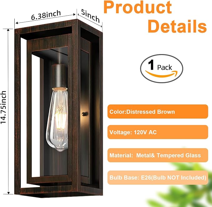 15" Outdoor Wall Lights, Distressed Brown Exterior Lighting | Large Size, Anti-Rust, Waterproof, Tempered Glass, Easy Installation, Modern & Classic Outdoor Sconces for House Porch Garage