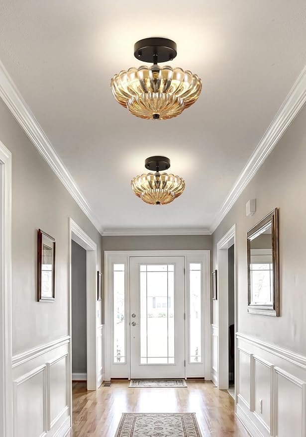 Semi Flush Mount Ceiling Light, Mini Vintage Black Close to Ceiling Light Fixture with Glass Shade, Modern Lighting for Bedroom Hallway Kitchen Laundry-Amber