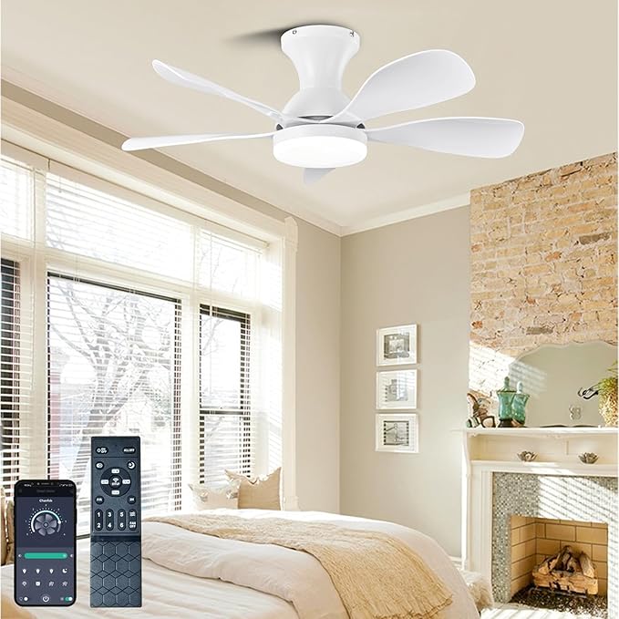 Ceiling Fans with Lights and Remote/APP Control, 33 Inch Low Profile Flush Mount Ceiling Fan with 3 Colors Dimmable LED, Reversible 6 Speeds DC Motor for Outdoor Patio, Kids Room, Bedroom （White）