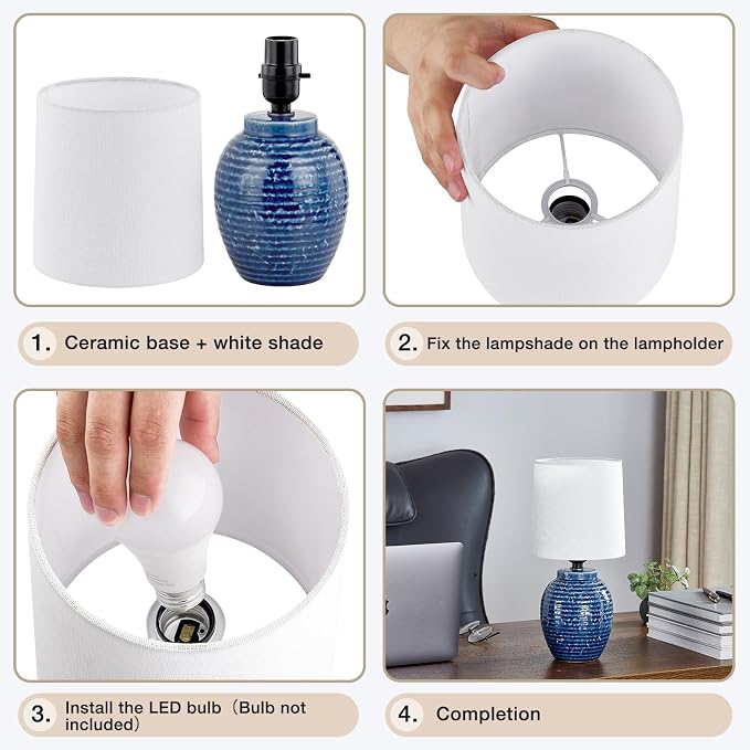 EJIAXIN Small Bedside Lamps -13.75" Farmhouse Table Lamps - Classic Ceramic Table Lamp for Bedroom, Living Room, Nightstand, Office, Side Desk Lamp, End Table