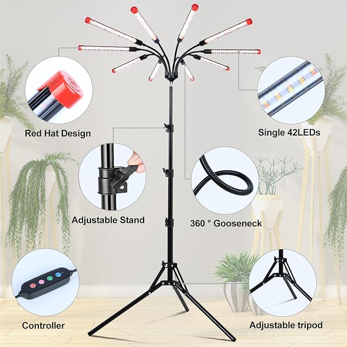 10Head Grow Light with Stand for Tall&Large Indoor Plants, Bonsai Tree, Big Coverage and Bright Plant Growing Lamps, 4/8/12/16/20H Timer, 90 Watt Power Draw, NO Need Adapter, 360° Gooseneck