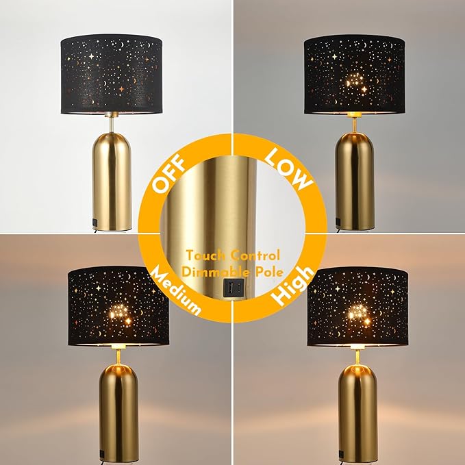 Touch Control Lamps Set of 2 Gold Table Lamps 3-Way Dimmable with USB A+C Ports Tall Modern End Table Lamps for Living Room Bedside Nightstand Bedroom Brass Lamp,Black Hallow Shade, 22“