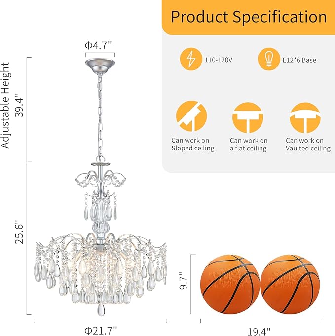 WUZUPS 6-Light Crystal Chandelier Pendant Ceiling Light Modern Lighting Fixture for Bedroom Hallway Bar Kitchen Bathroom, H 25.6" W21.7, E12 Base, Silver