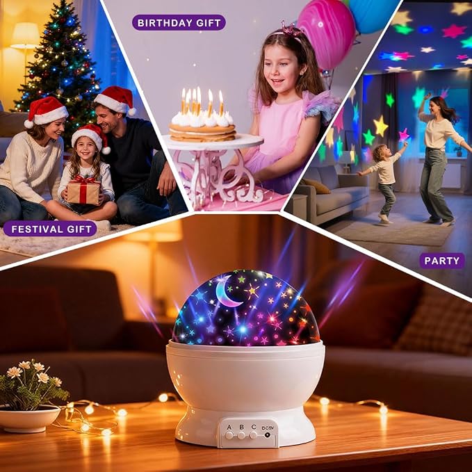 Night Light Projector,USB or Battery Operated lamp Portable Light,Color Changing Lights for Bedroom Kids Night Light,Room Decorations Rotating Star and Moon Ceiling Projector.（White）