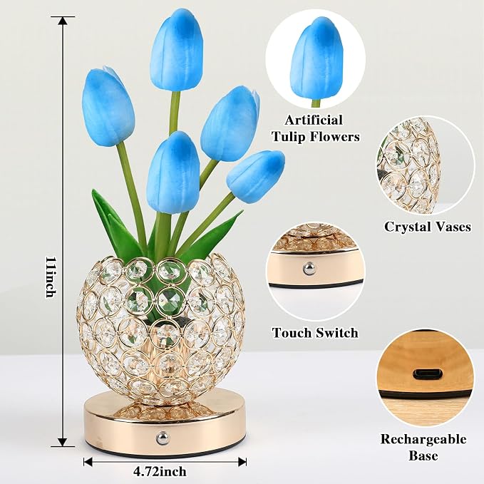 Birthday Gifts for Women Mothers Day Gifts/for Mom Tulip Table Lamp | 3 Color Crystal Flower Bedside Lamps Infinitely Dimming with USB Charge Small Night Light,Night stand Touch Lamp(Blue-tulip)