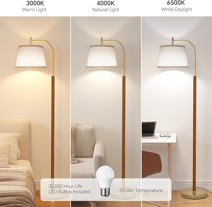 SUNMORY Wood Floor Lamp for Living Room, Mid Century Modern Arc Floor Lamps | 3 Color Temperatures, 9W/800lm LED Bulb, Adjustable Linen Shade, Gold Standing Tall Reading Light for Bedroom Corner Office