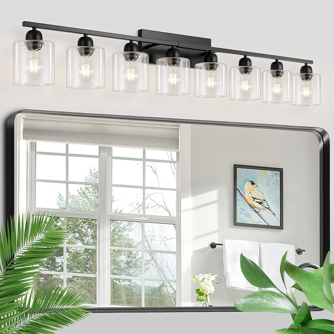 Modern 8 Light Bathroom Light Fixtures, 52 inch Vanity Lights for Bathroom with Clear Glass, Black Bathroom Light Fixture for Mirror Kitchen Living Room Hallway Cabinet Porch