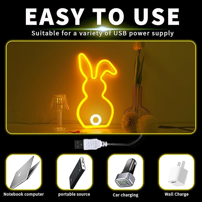 ENUOLI Novelty Rabbit Neon Sign Art Wall Lights for Business Bunny Neon Light Bar Club Bedroom USB Powered for Bedroom Children's Room Rabbit Decoration Easter Gifts For Kids Wedding Birthday Party