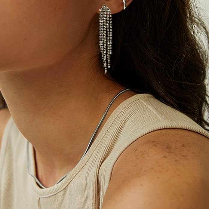 Luxval Rhinestone Earrings Dangling for Women Sparkly Silver Dangle Earrings Girls Long Chandelier Earrings Tassel Lightweight Ear Studs Cubic Zirconia Crystal Statement