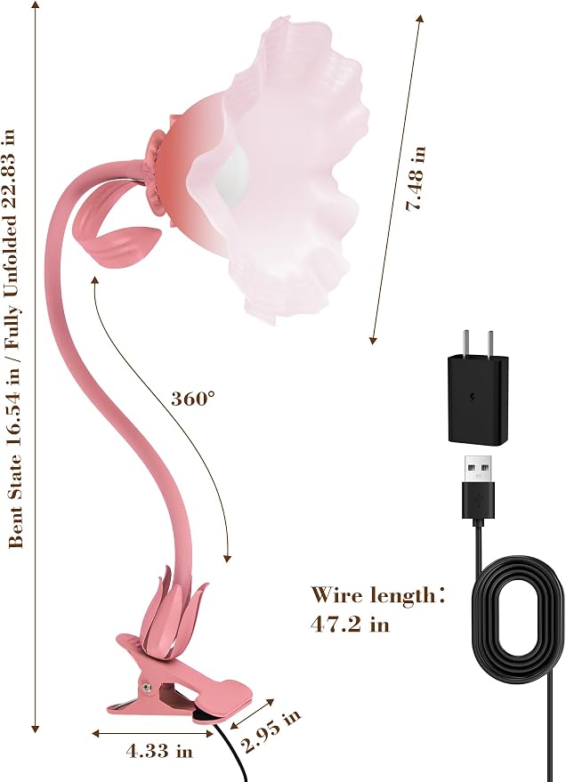 Flower Clip On Desk Lamp for Home and Dorm - Cute Floral Clip On Bedside Book Reading Light, Pink Flower Bunk Bed Lighting, Kawaii Led Flexible Gooseneck Table Lamp for Headboard with Clamp