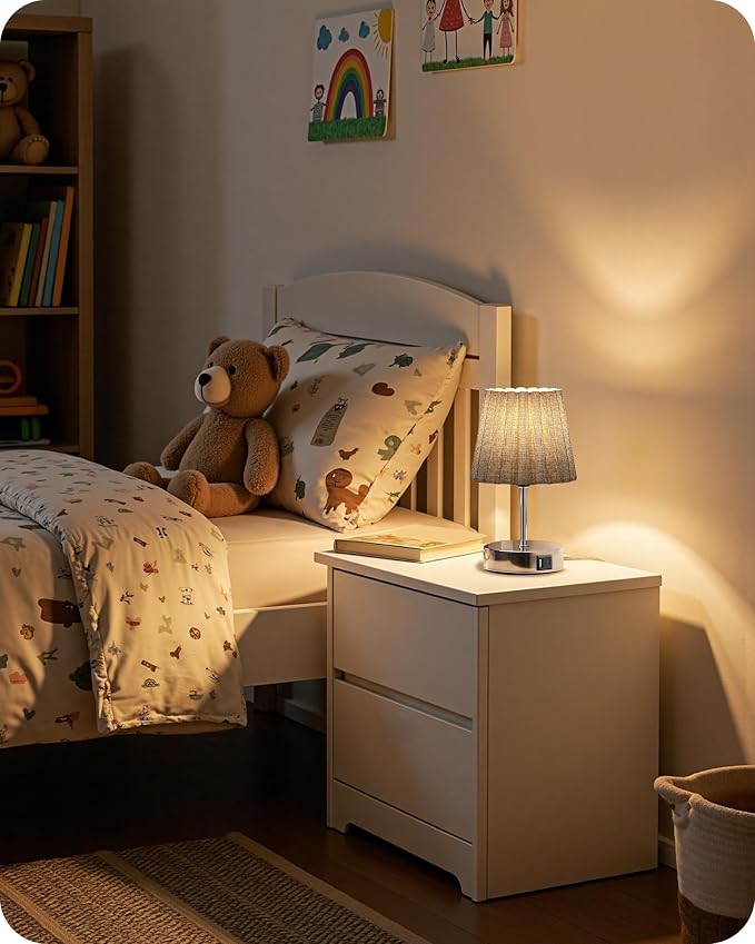 Small Bedside Table Lamp, Touch Dimmable Table Lamp with USB Ports, Nightstand Lamp with a Stepless Dimming LED Bulb, E26 Base, for Bedroom, Study, Desk, Glossy Gray and Gray PSH16TL05