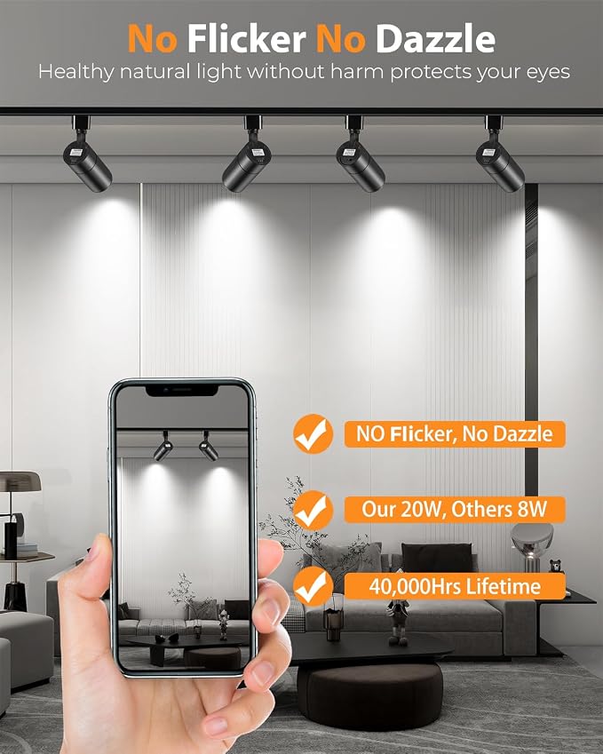 VANoopee 3-Color Zoomable 20W LED Track Lighting Heads H Type, Black 6 Pack | Track Light Heads Dimmable Bright Ceiling Spotlight Fixtures Accent Art, 3000K 4000K 5000K Adjustable, CRI90+ 15°-60°, 2000lm