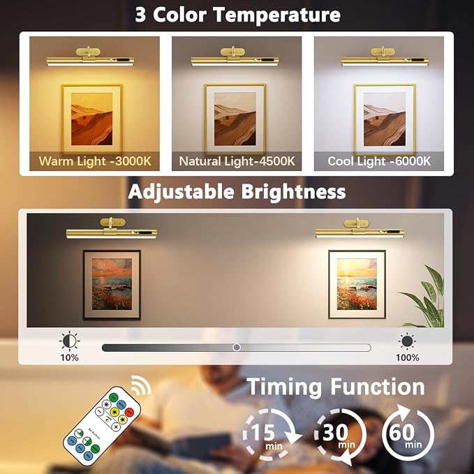Hapfish Motion Sensor Battery Operated Wall Sconce,Wireless Picture Lights | Rechargeable Magnetic Art Lighting with Remote Control, Battery Picture Light for Wall Poster Dartboard Mirror - Gold