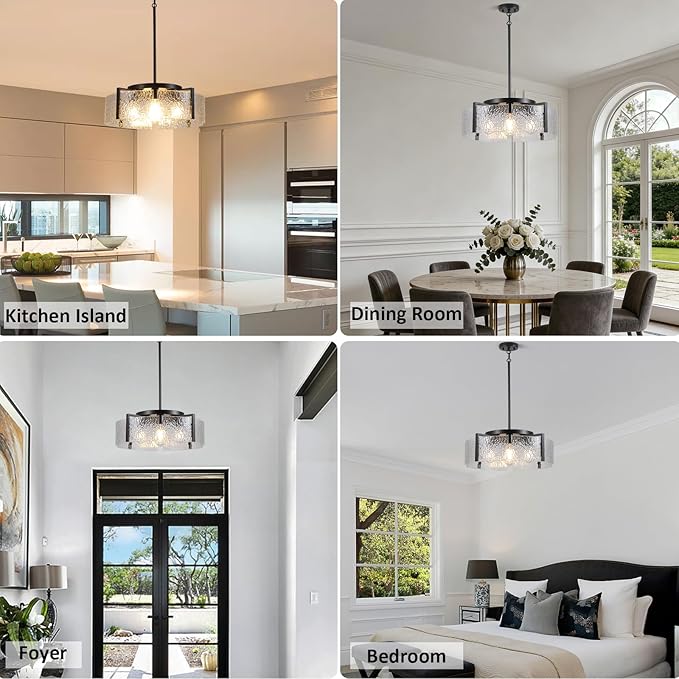 Black Chandelier for Dining Room Light Fixture, 5-Light Glass Entryway Light Fixture, Adjustable Pendant Lights Kitchen Island Modern Farmhouse Kitchen Foyer Chandelier for Entryway, Bedroom, Bathroom