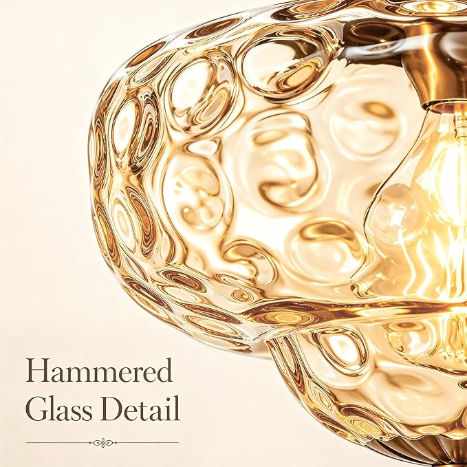 Vintage Brushed Antique Brass Pendant Light for Kitchen Island, Handblown Textured Amber Hammered Glass Hanging Light Fixture, Adjustable Height E26 Pendant Lighting for Dining Room Entryway Hallway