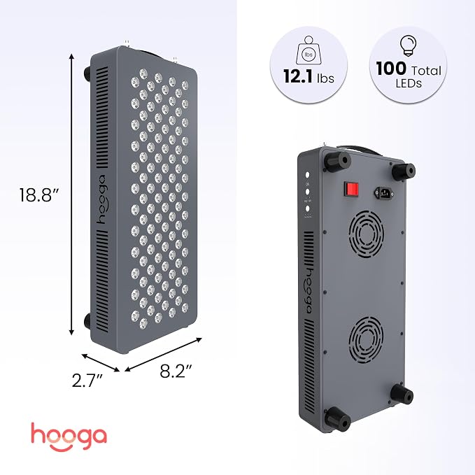 Hooga HG500 Red Light Therapy Panel, 100 LEDs, 660nm Red & 850nm Near-Infrared Light, Built-in Timer, Door Hanging Kit
