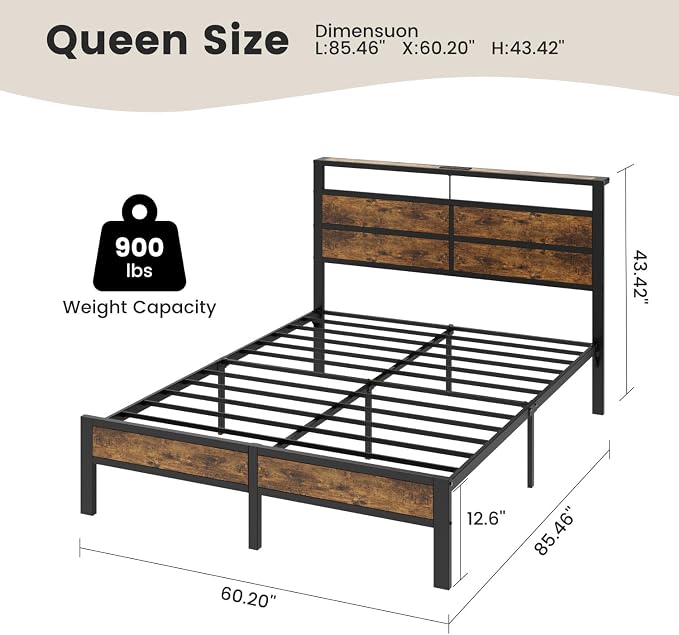 Queen Size Bed Frame with LED Lights and USB Type C Charging Headboard | Brown Metal Platform Bed, Charging Station, Storage Shelf, Noise Free, No Box Spring Needed