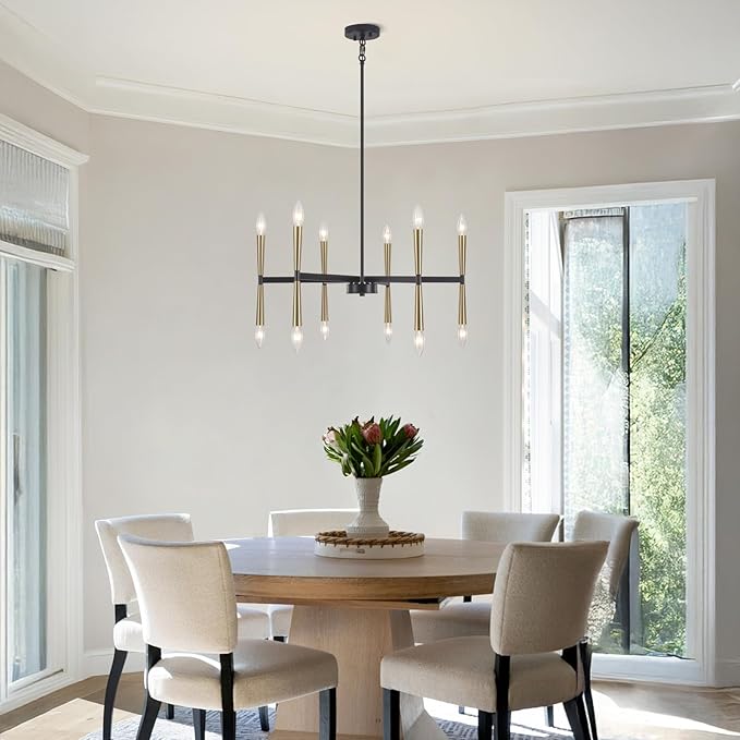 12 Light Black and Gold Modern Farmhouse Chandelier, Large Foyer Chandeliers for High Ceilings, Gold Pendant Light Fixture for Living Room Dining Room Staircase Entryway Kitchen Over Table