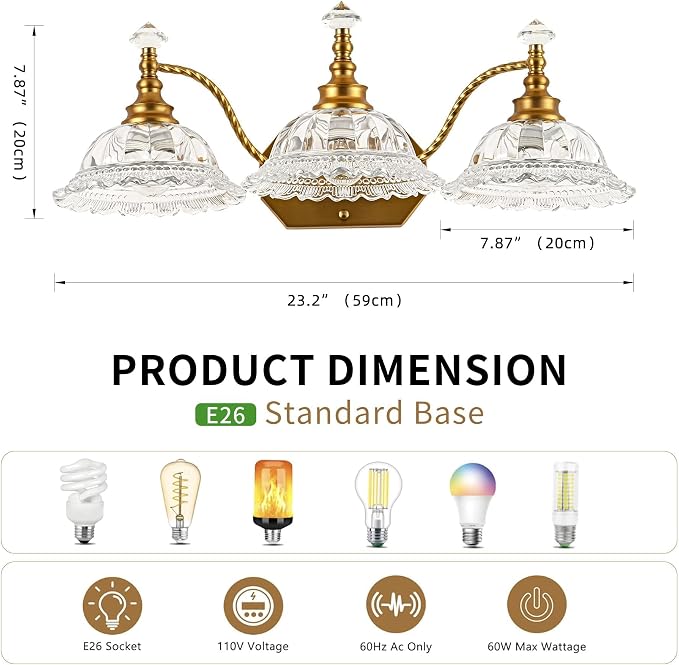 Vintage Bathroom Light Fixtures, 3-Light Brass Vanity Lights with Floral Clear Glass Shades, Retro Wall Sconce for Bedroom, Living Room, Hallway