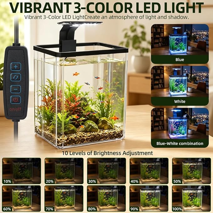 1.5 Gallon Aquarium Small Fish Tank Starter Kit with Filtration & LED Light & Fishing Net for Betta Shrimp Guppy Goldfish Aquatic Plants