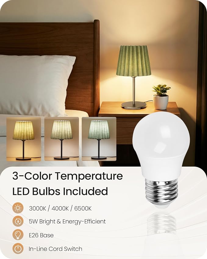 Small Bedside Table Lamp, Dimmable Table Lamp with 3 Adjustable Color Temperatures, Nightstand Lamp with a Dimmable Bulb, E26 Base, for Bedroom, Study, Desk, Green and Black J15TL05