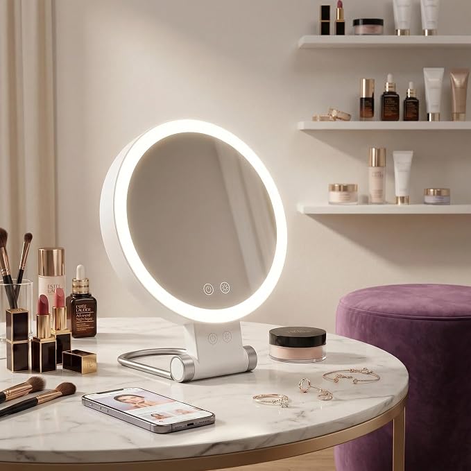 Makeup Mirror with Lights, Magnifying Mirror 1X/30X with Adjustable 3 Color Light, Double Side Control, 2000mAh Rechargeable, Lighted Makeup Mirror with Magnification, Smart Memory, Gift for Women